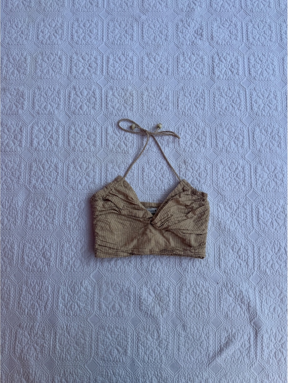Zara Women's Beige Pinstripe Crop Top with Halter Neck, Size small